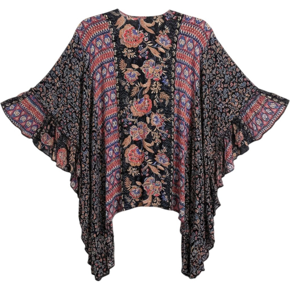 Angie Womens Small Black Floral Paisley Kimono Wrap Ruffle Sleeve Open Front